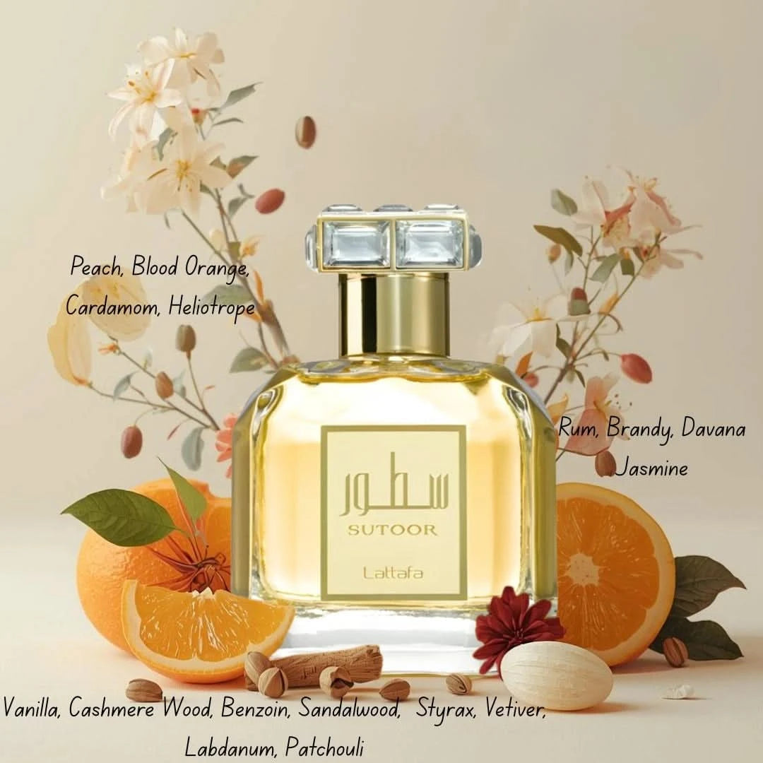Lattafa Sutoor Eau de Parfum spray 100ml in a velvet pouch, featuring a sleek glass bottle with a stylish cap.