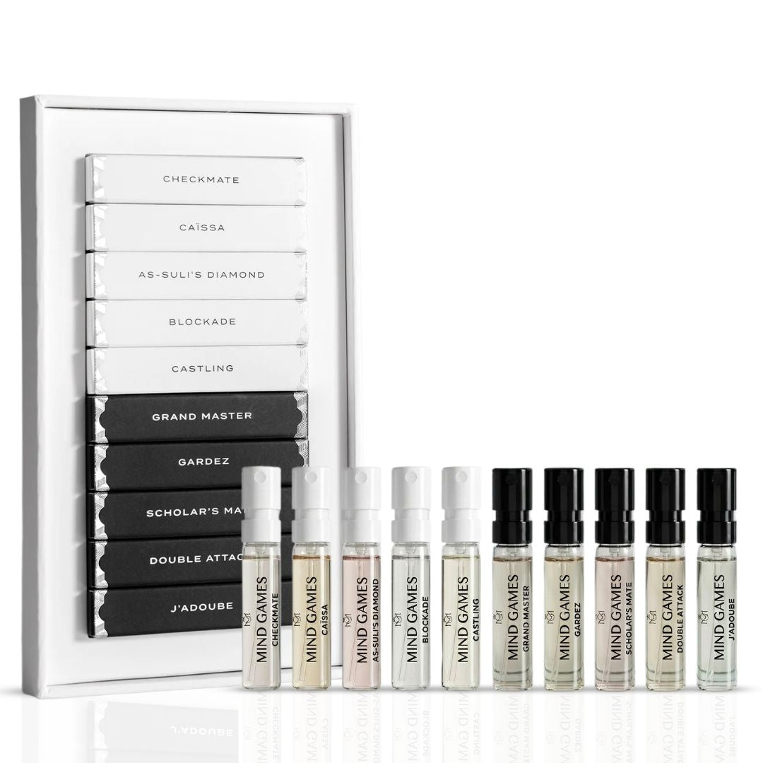 Mind Games Artisan Collection 10-piece sample set with 2ml jars, featuring a variety of colorful game pieces and packaging.
