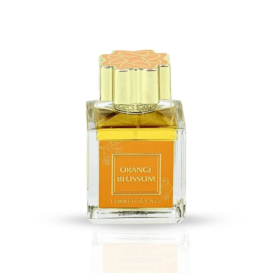 Flower Scents Orange Blossom Eau de Parfum spray bottle with velvet pouch, 65ml, showcasing the elegant packaging.