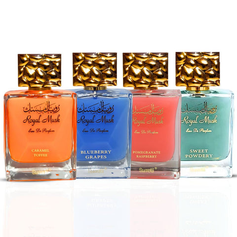 Royal Musk Caramel Toffee, Pomegranate Raspberry, Blueberry Grapes, Sweet Powdery Eau De Parfum Sprays 100ML (3.4 OZ) by Surrati | Exotic Fragrances for Men & Women. (Bundle) - Intense Oud