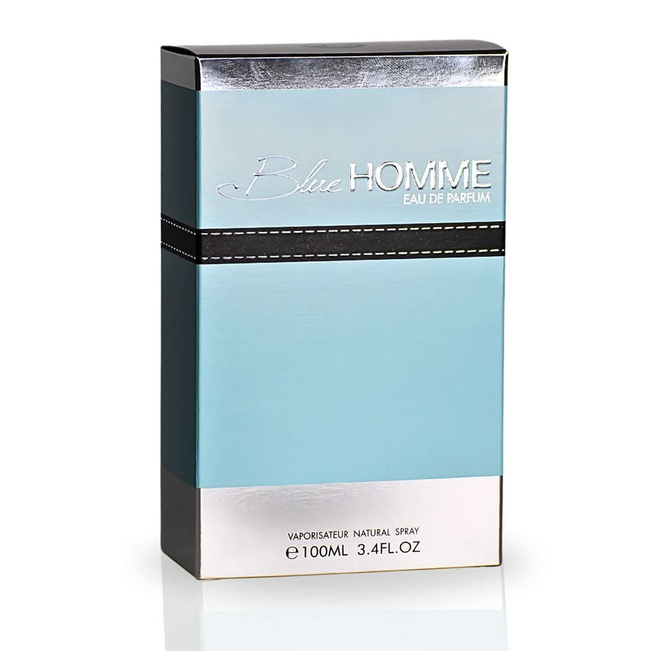 Blue Homme EDP Spray by Armaf, 100ml, featuring a sleek bottle with a blue-tinged design, representing luxurious signature Arabian perfume.