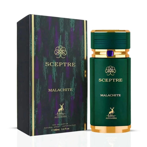 Rasasi perfume bundle with Sceptre Malachite by Maison Alhambra, Somow Al Rasasi Lavender Oud, and Rouje perfume oil, 100ml and 12ml.