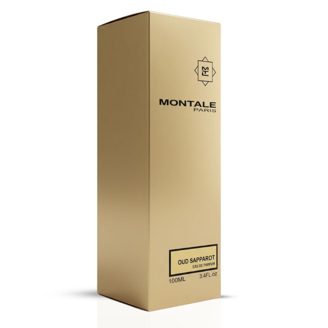 Montale Oud Sapparot Eau de Parfum spray bottle, 100ml, with elegant packaging and gold accents, showcasing the luxury fragrance.
