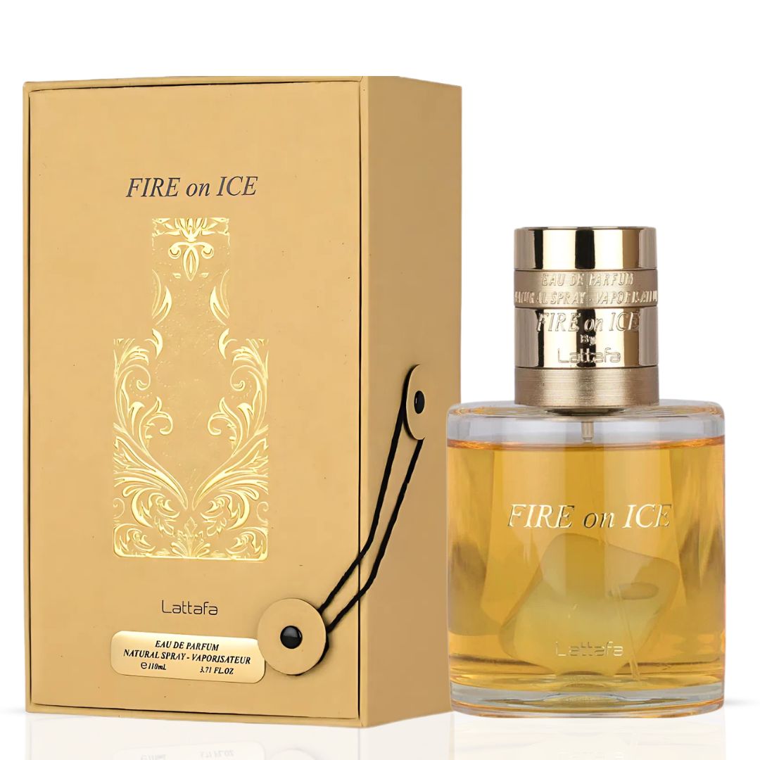 Bundle of Lattafa Fire On Ice 110ml and Paris Corner Fire Your Desire Emir Eau de Parfum sprays, showing the perfume bottles.