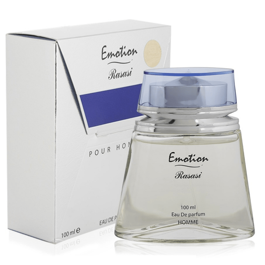 Rasasi Emotion Pour Homme Eau de Parfum spray bottle, 100ml, with sleek design and clear labeling on a plain background.