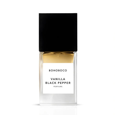 Bohoboco Vanilla Black Pepper Eau de Parfum spray bottle, 50ml, with black cap and elegant packaging design.