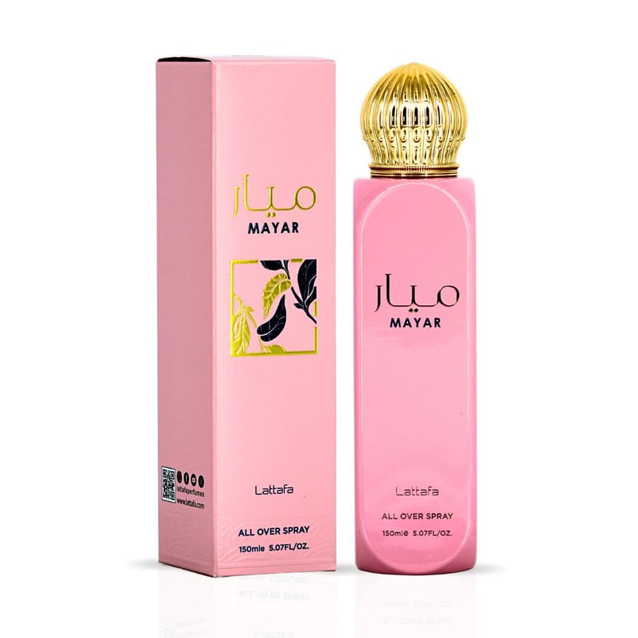 Lattafa perfume bundle includes Mayar All Over Spray, Candelicious, Habik Women Eau de Parfum, and Intense Oud Twinkling Sun Oil.