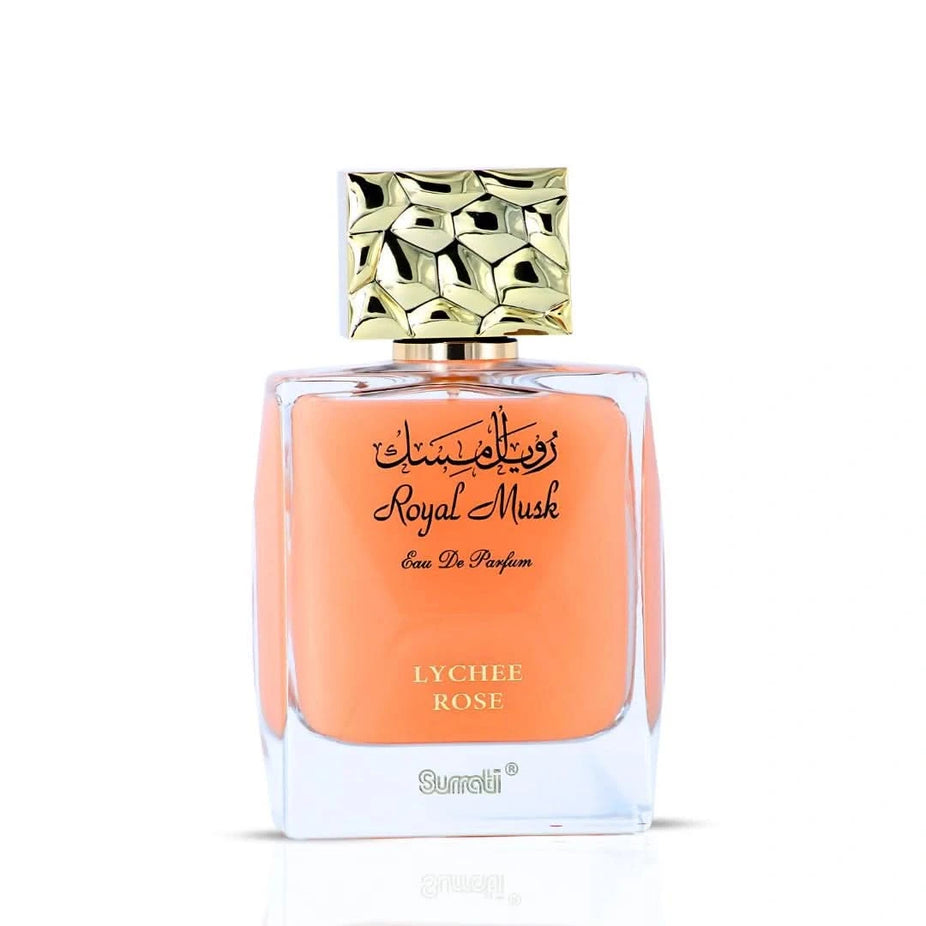Surrati Royal Musk Lychee Rose Eau de Parfum spray 100ml with a sleek bottle and elegant label.
