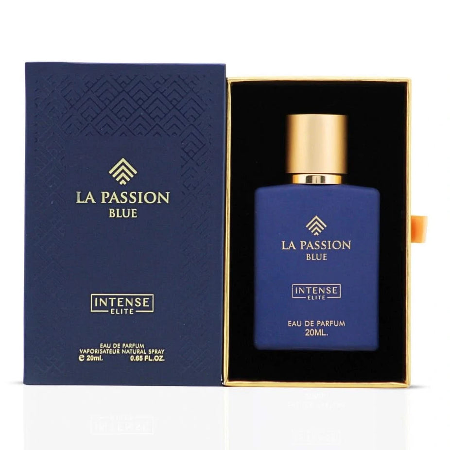 Intense Elite La Passion Blue Eau de Parfum Spray 20ml bottle with blue packaging, showcasing the elegant fragrance design.