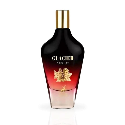 Maison Alhambra Glacier Bella Eau de Parfum spray 100ml bottle with a velvet pouch, showcasing elegant packaging.