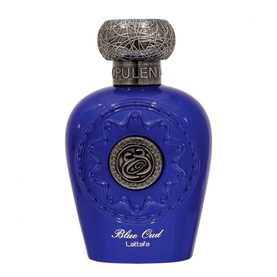 Blue Oud EDP by Lattafa, 100ml perfume bottle with elegant blue design, showcasing the Eau De Parfum fragrance.