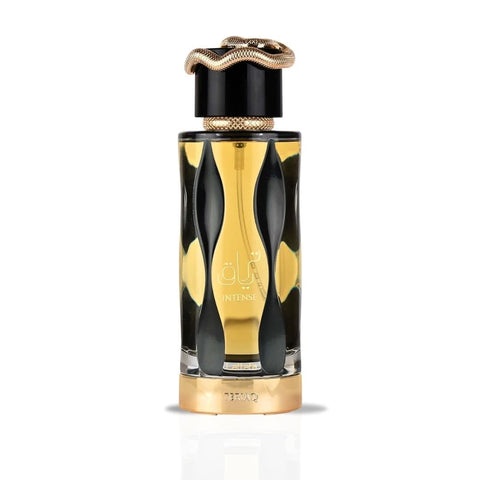 Lattafa Teriaq Intense Eau de Parfum spray in a velvet pouch, 100ml (3.4 oz), elegant fragrance bottle with a sleek design.