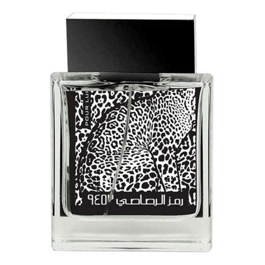 Rasasi Rumz Al Rasasi 9453 Leopard Pour Lui Men EDP bottle, 50ml (1.7oz), with sleek black and gold design and leopard motif.