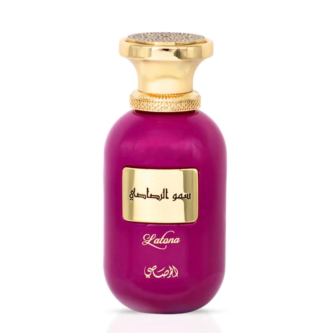Rasasi Somow Al Rasasi Latona Eau de Parfum spray 100ml in a velvet pouch, featuring elegant perfume bottle and branding.