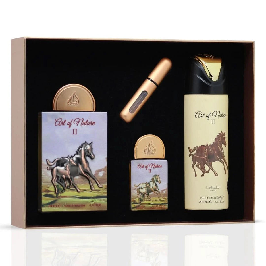 Lattafa Pride Art of Nature II 3-piece perfume gift set with elegant bottles and packaging, ideal for gifting or personal use.