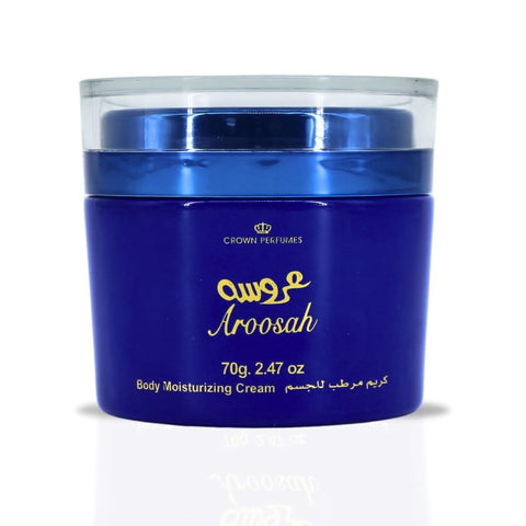 Al Rehab Aroosah Body Moisturizing Cream 70g, smooth cream in a jar, designed to hydrate and nourish skin.