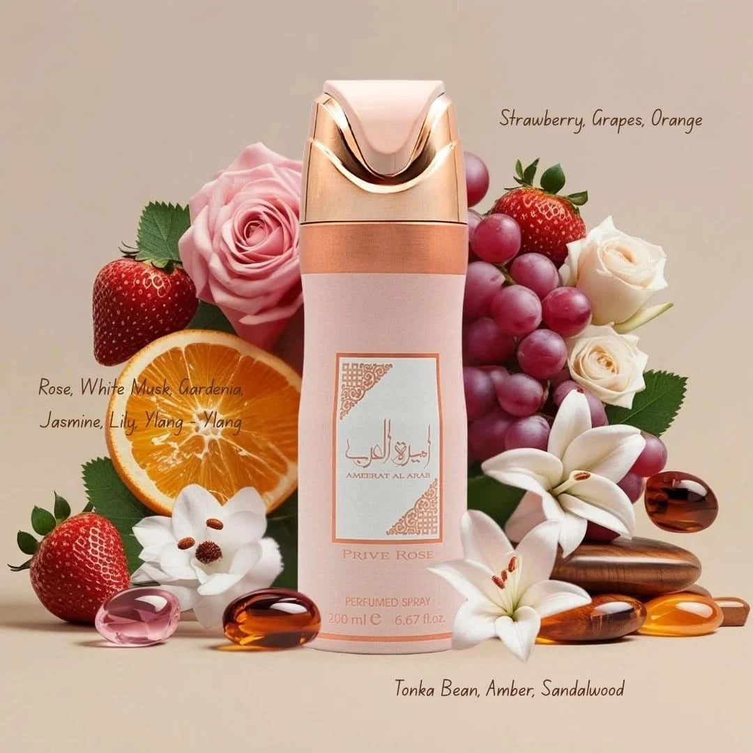 Lattafa Ameerat Al Arab Prive Rose Deodorant Spray 200ml bottle with floral design and spray nozzle.