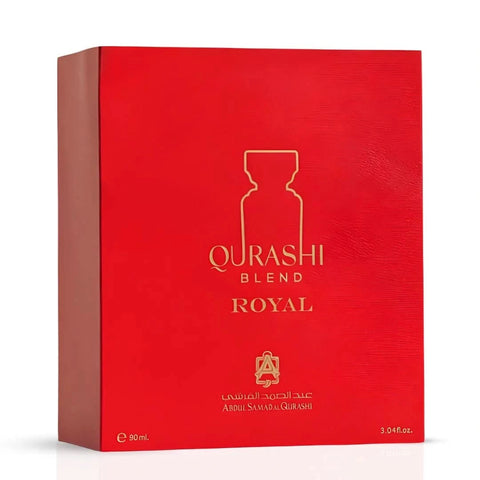 Al Qurashi Blend Royal Eau de Parfum spray by ASQ, 90ml, featuring an elegant perfume bottle with a decorative cap and rich fragrance.