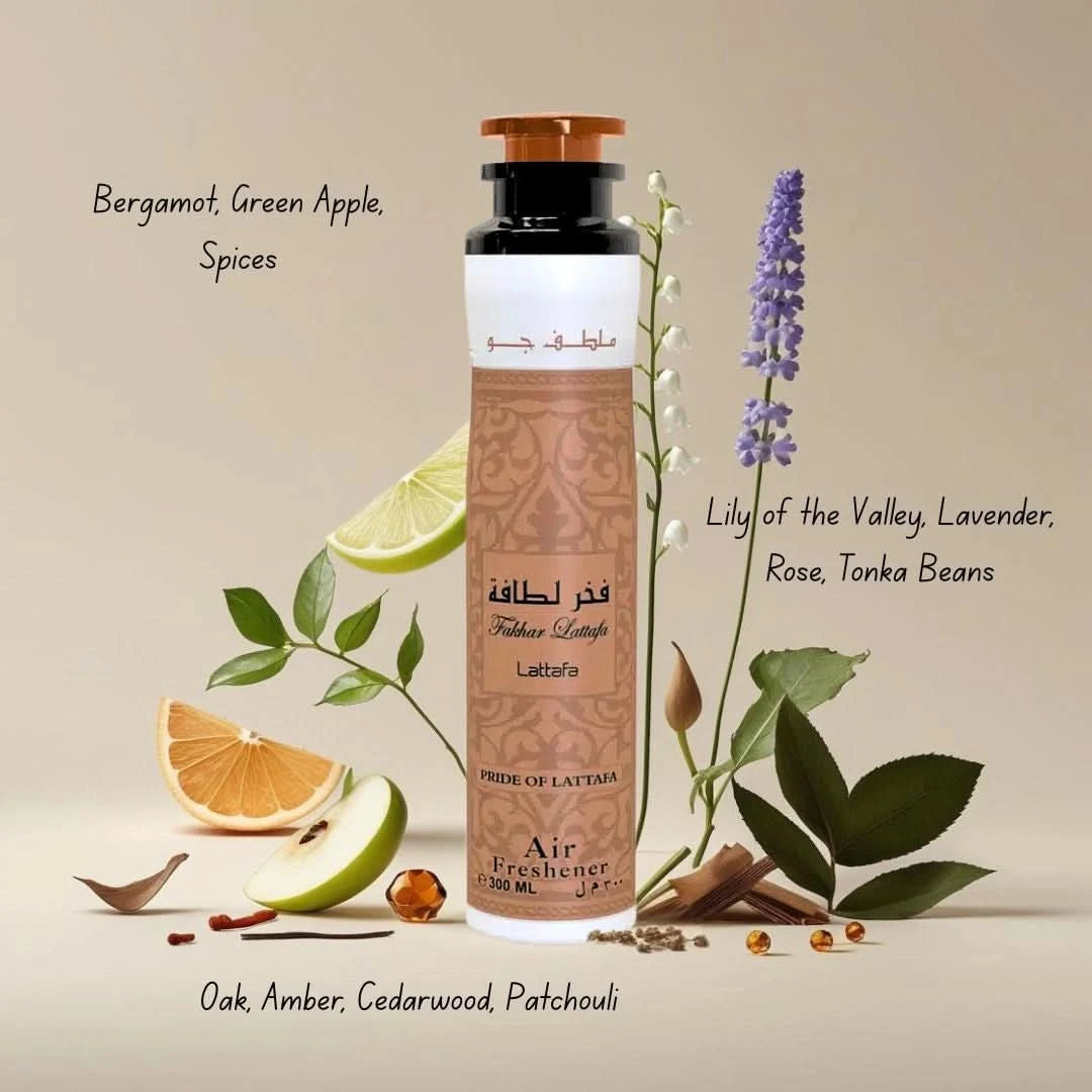 Lattafa Fakhar air freshener in a 300ml spray bottle, with a sleek design and label displaying the Fakhar fragrance.