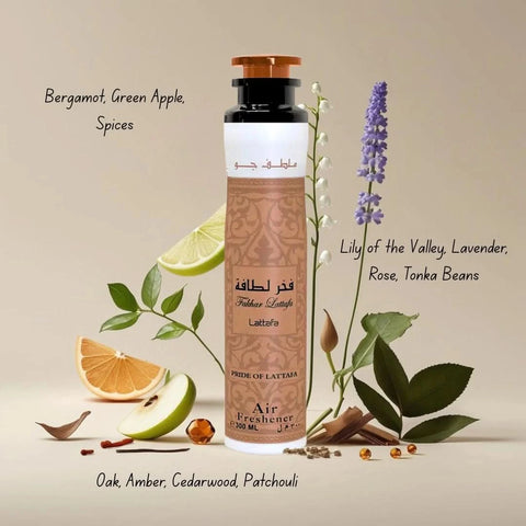 Lattafa Fakhar air freshener in a 300ml spray bottle, with a sleek design and label displaying the Fakhar fragrance.