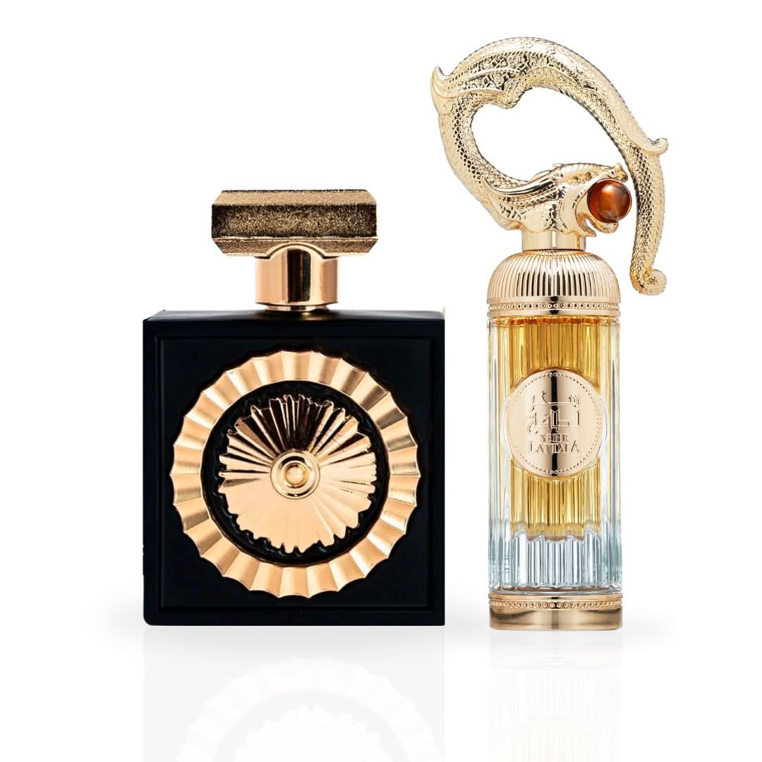 Lattafa Nebras & Sehr Eau de Parfum sprays in a 100ml bundle, featuring elegant bottles of perfume for men and women.