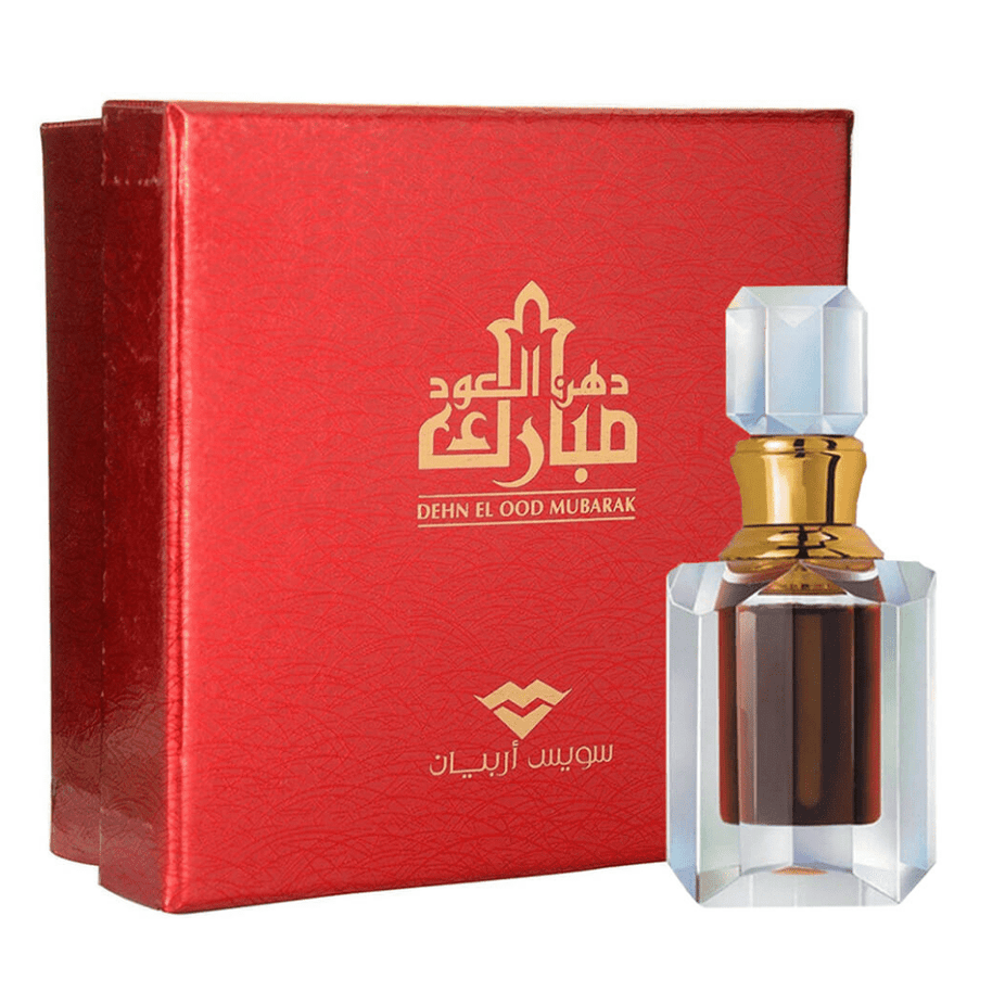Swiss Arabian Dehn El Ood Mubarak perfume oil in a 6ML bottle, showcasing the concentrated perfume oil packaging.