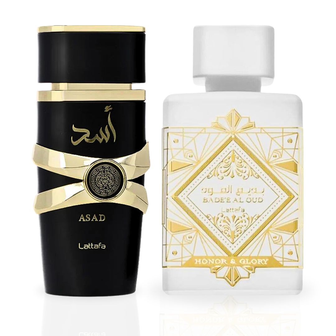 Asad And Bad'ee Al Oud Honor & Glory EDP Sprays 100ML (3.4OZ) By Lattafa | Double The Impact, Twice The Confidence. (DELUXE BUNDLE) - Intense Oud