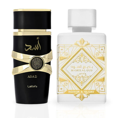 Asad And Bad'ee Al Oud Honor & Glory EDP Sprays 100ML (3.4OZ) By Lattafa | Double The Impact, Twice The Confidence. (DELUXE BUNDLE) - Intense Oud
