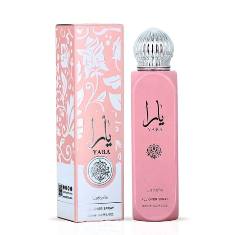 Bundle of two Lattafa Yara & Yara Tous All Over Sprays in 150ml bottles, featuring decorative packaging and spray nozzles.