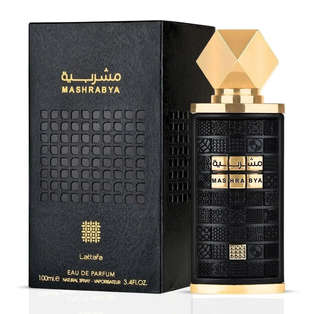 Lattafa Angham & Mashrabya Eau de Parfum spray bundle, 100ml each, with elegant bottles and detailed labels on a neutral background.