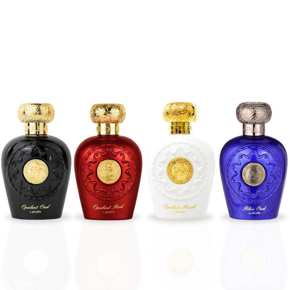 Lattafa Opulent Oud and Musk Eau de Parfum sprays in 100ml bottles, featuring luxurious red and blue Oud fragrances.