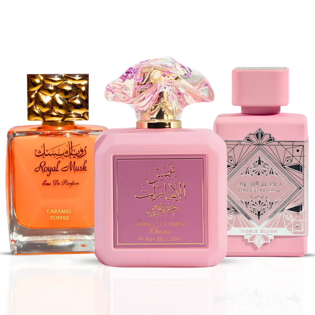 Pink Blush by Ard Al Zaafaran, Noble Blush by Lattafa & Caramel Toffee by Surrati - Eau De Parfum Sprays 100ML (3.4 OZ) | A Decadent Trio of Fruity Florals & Creamy Gourmands. (Bundle) - Intense Oud