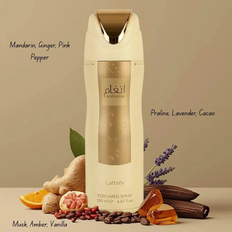 Lattafa Angham deodorant spray 200ml bottle with a sleek design and spray nozzle, displayed against a neutral background.