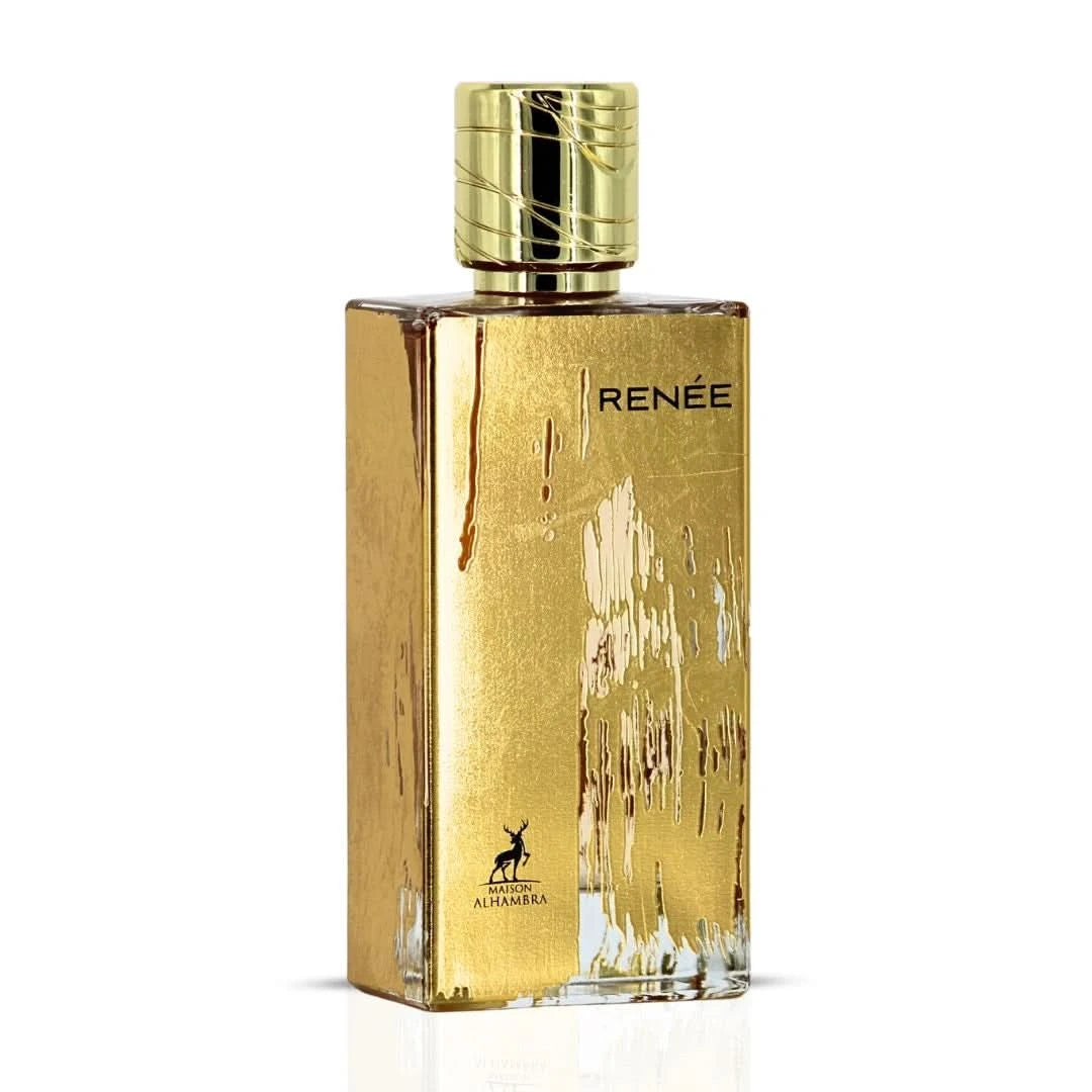 Maison Alhambra Renee Carmine Eau de Parfum spray 100ml with velvet pouch, elegant glass bottle with floral accents.