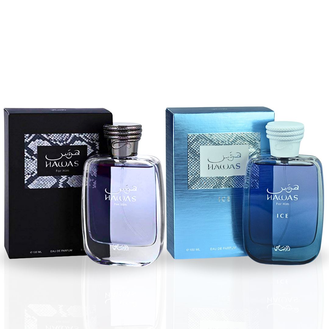 Rasasi Hawas & Hawas Ice - For Him EDP Sprays 100ML (3.4 OZ) by Rasasi | Long Lasting, Refreshing, Aquatic, Luxurious Masculine Scents. (Value Pack) - Intense Oud
