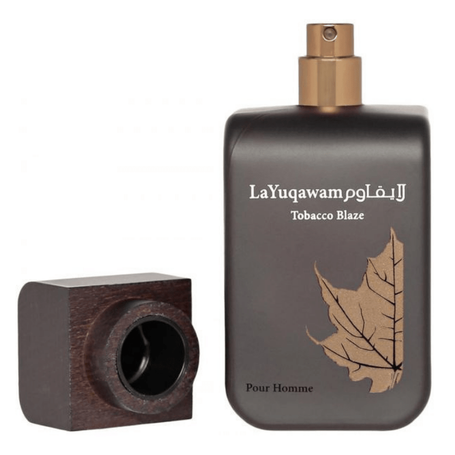 Rasasi La Yuqawam Tobaco Blaze Eau de Parfum spray bottle, 75ml, with elegant packaging and fragrance details visible.