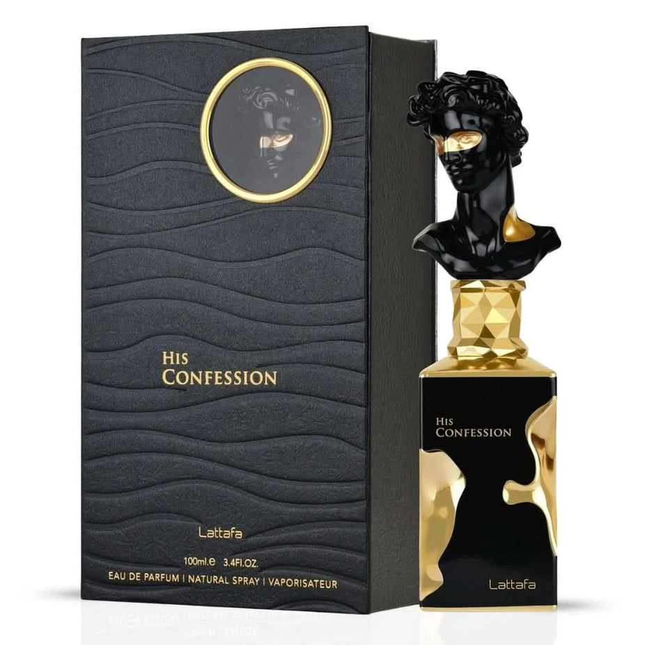Lattafa His Confession and Naif Ard Al Zaafaran Eau de Parfum spray bundle, 100ml each, featuring elegant perfume bottles.