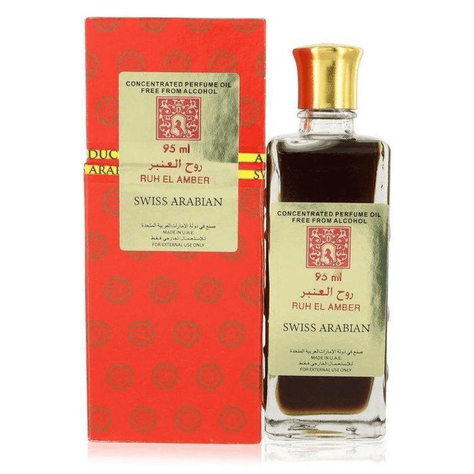 Swiss Arabian Ruh El Amber Perfume Oil in 95ml bottle, featuring rich amber scent and concentrated perfume oil packaging.