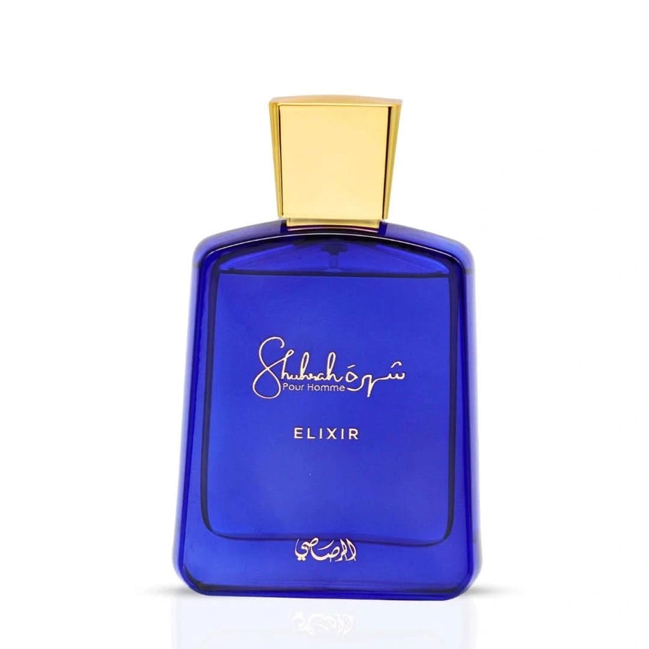 Rasasi Shuhrah Elixir Pour Homme Eau de Parfum spray bottle, 90ml, with elegant design and branding visible.