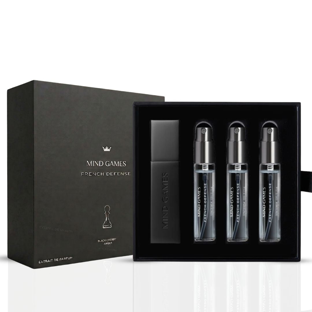 Mind Games French Defense Travel Trio with three 7.5ml bottles of chess opening scent collection, compact and travel-friendly.
