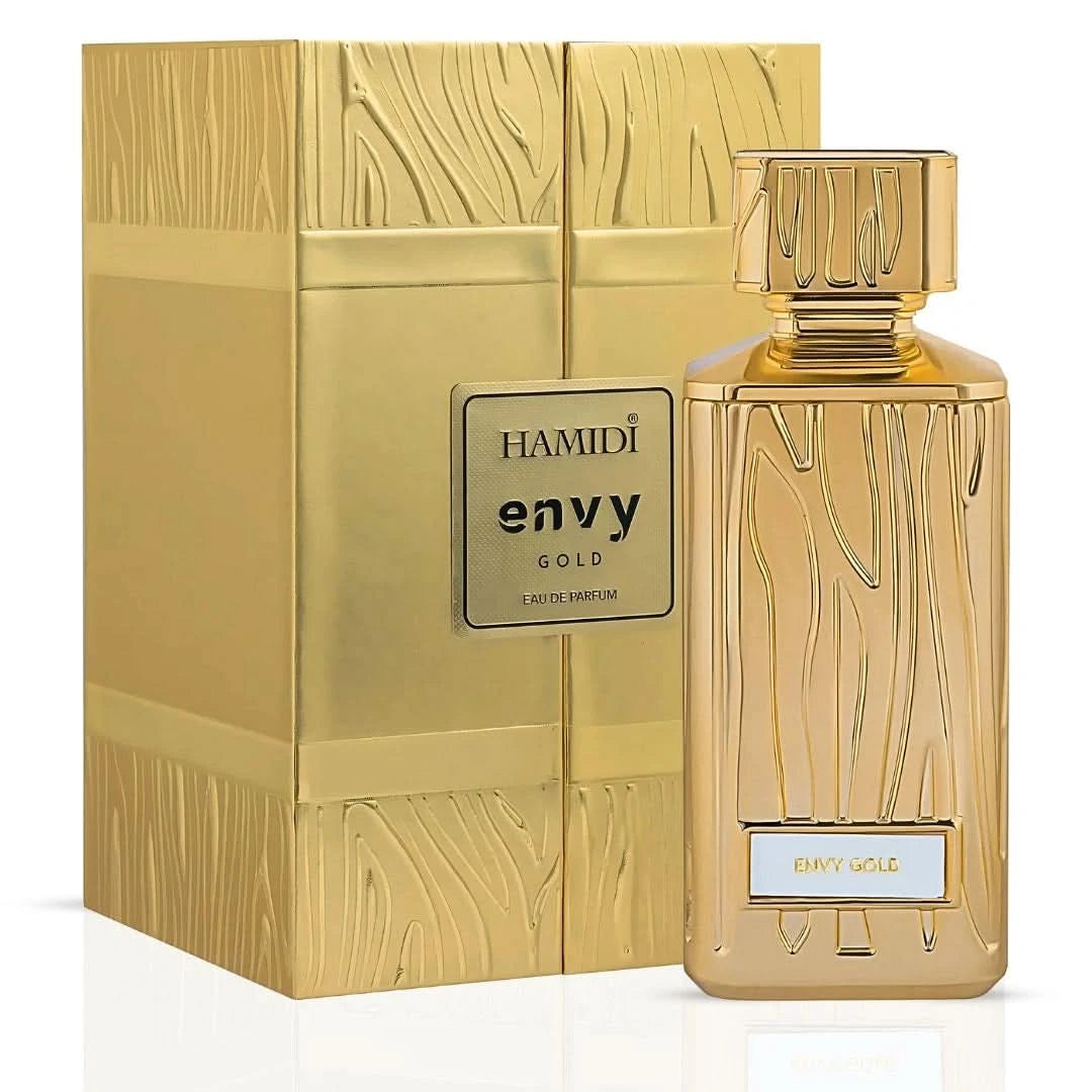 Hamidi Envy Rose Gold and Gold Eau de Parfum Spray bundle, 100ml bottles with elegant packaging, showcasing the luxury fragrance design.