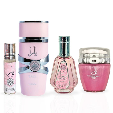 YARA Eau De Parfum Spray 100ML,EDP 50ML, Hand & Body Lotion 45ML & Roll-on Perfume Oil 10ML  - For Women by Lattafa. (CHIC COLLECTION) - Intense Oud