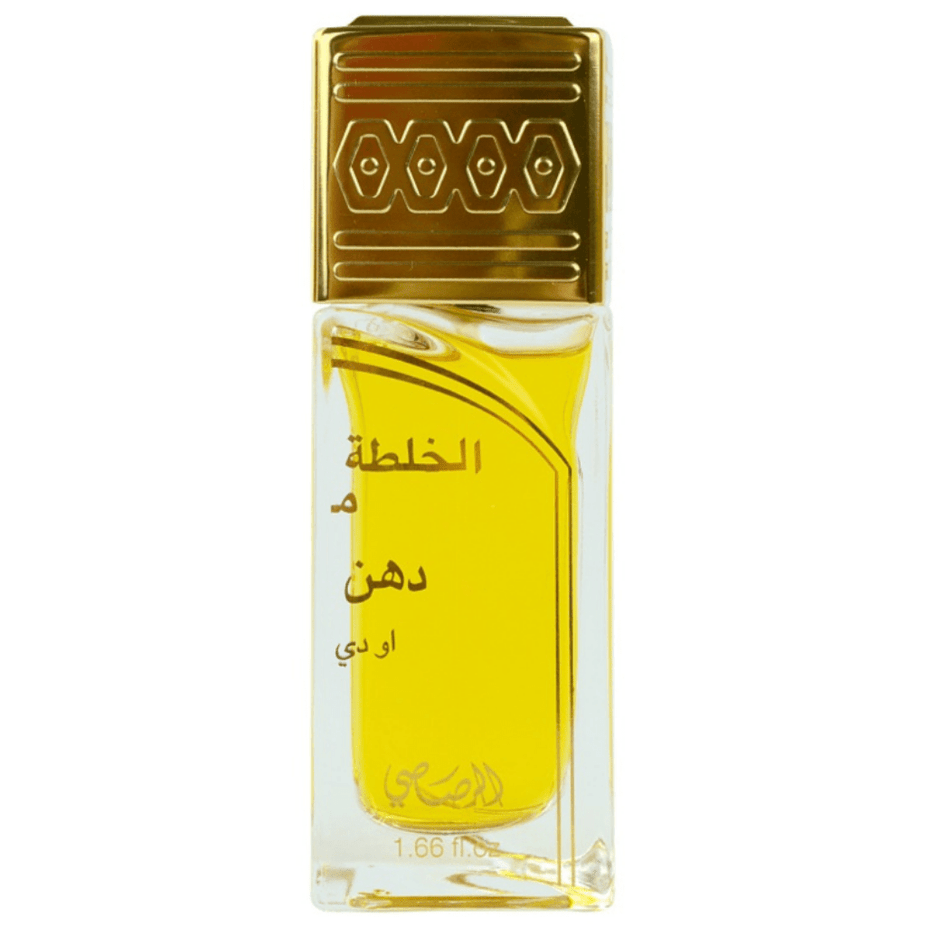 Rasasi Khaltat Al Khasa Ma Dhan Al Oudh Eau de Parfum spray bottle, 50ml, with elegant packaging and fragrance details.