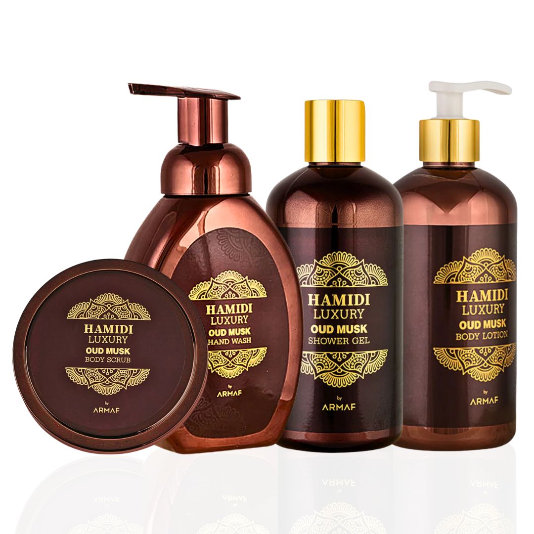 4PCS LUXURY OUD MUSK - Bath & Body Gift Set Magnetic Box By Hamidi | Ultra Moisturizing, Skin-Nourishing, Naturally Derived Ingredients. (Pack Of 4) - Intense Oud