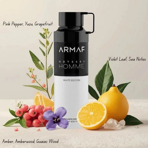 Odyssey Homme White Edition deodorant spray by Armaf in 200ml bottle, featuring sleek white packaging and spray nozzle.