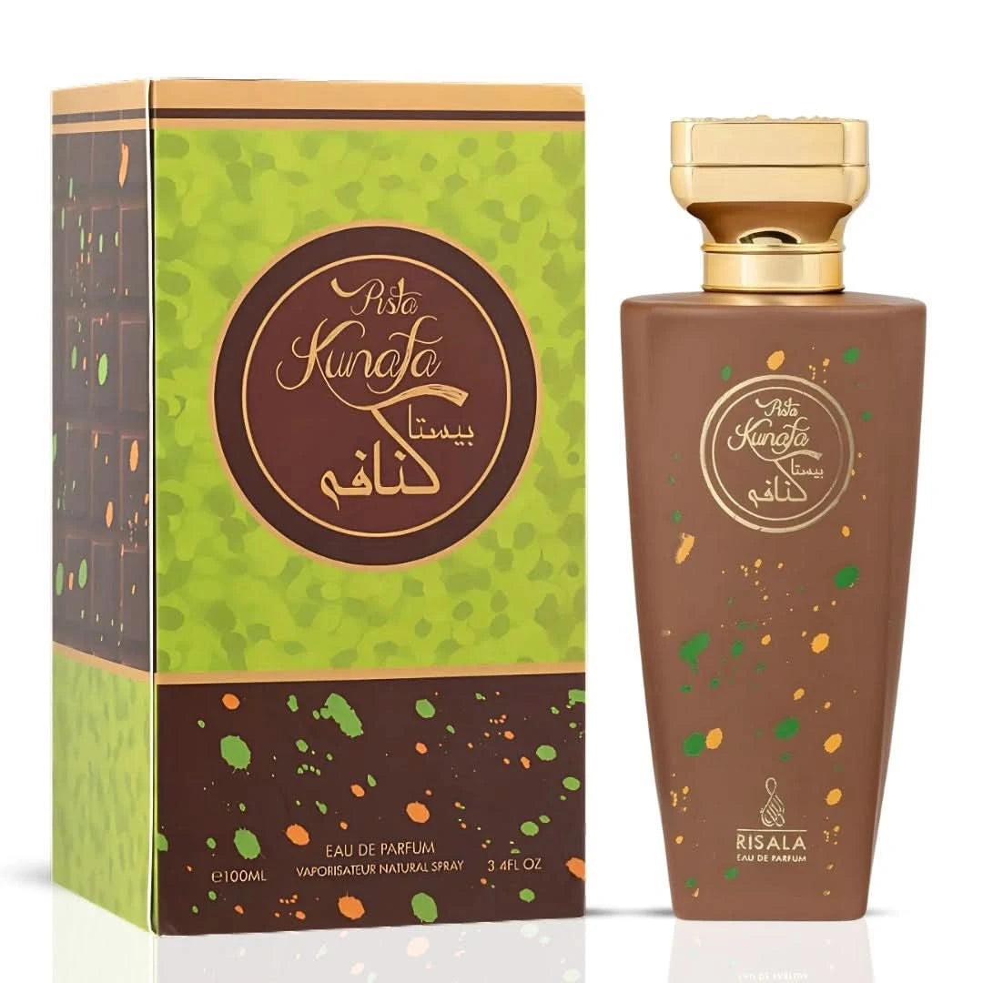 Bundle of Lattafa Pista Kunafa and Ishq Al Shuyukh Gold Eau de Parfum sprays, 100ml bottles, featuring luxurious fragrance packaging.