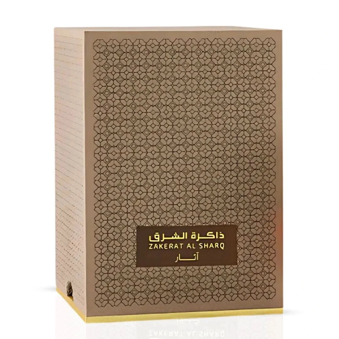 Rasasi Zakerat Al Sharq Aathar concentrated perfume oil in 20ml bottle with a sleek design and elegant packaging.