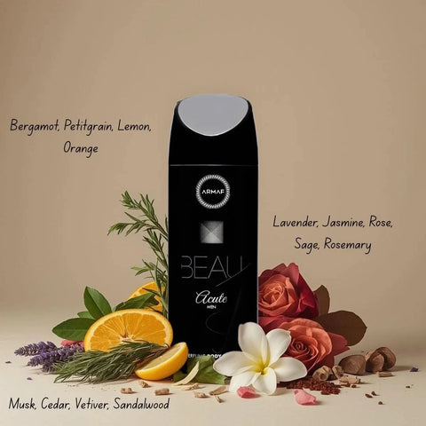 Armaf Beau Acute deodorant spray 200ml bottle, featuring sleek design and spray nozzle, suitable for everyday use.