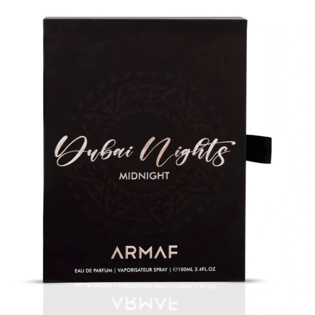 Armaf Dubai Nights Midnight Eau de Parfum spray 100ml, featuring a sleek black bottle and luxurious fragrance design.