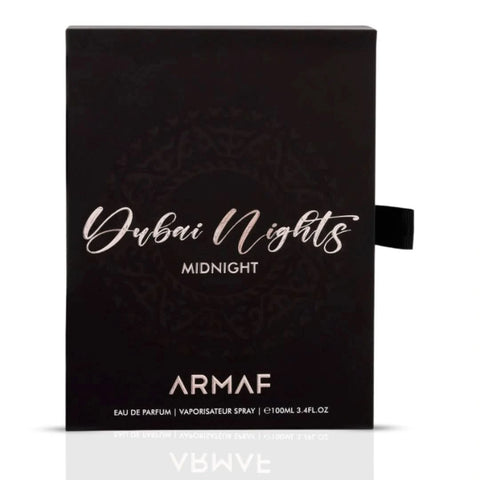 Armaf Dubai Nights Midnight Eau de Parfum spray 100ml, featuring a sleek black bottle and luxurious fragrance design.